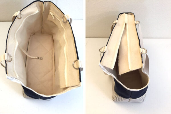 Zip Top Closure on Navy Stripe Dog Carrier open and closed